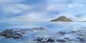 "Holy Isle from Clauchlands" Oil on canvas 20x40cm [8x16in] Original not for sale Available as A6 cards