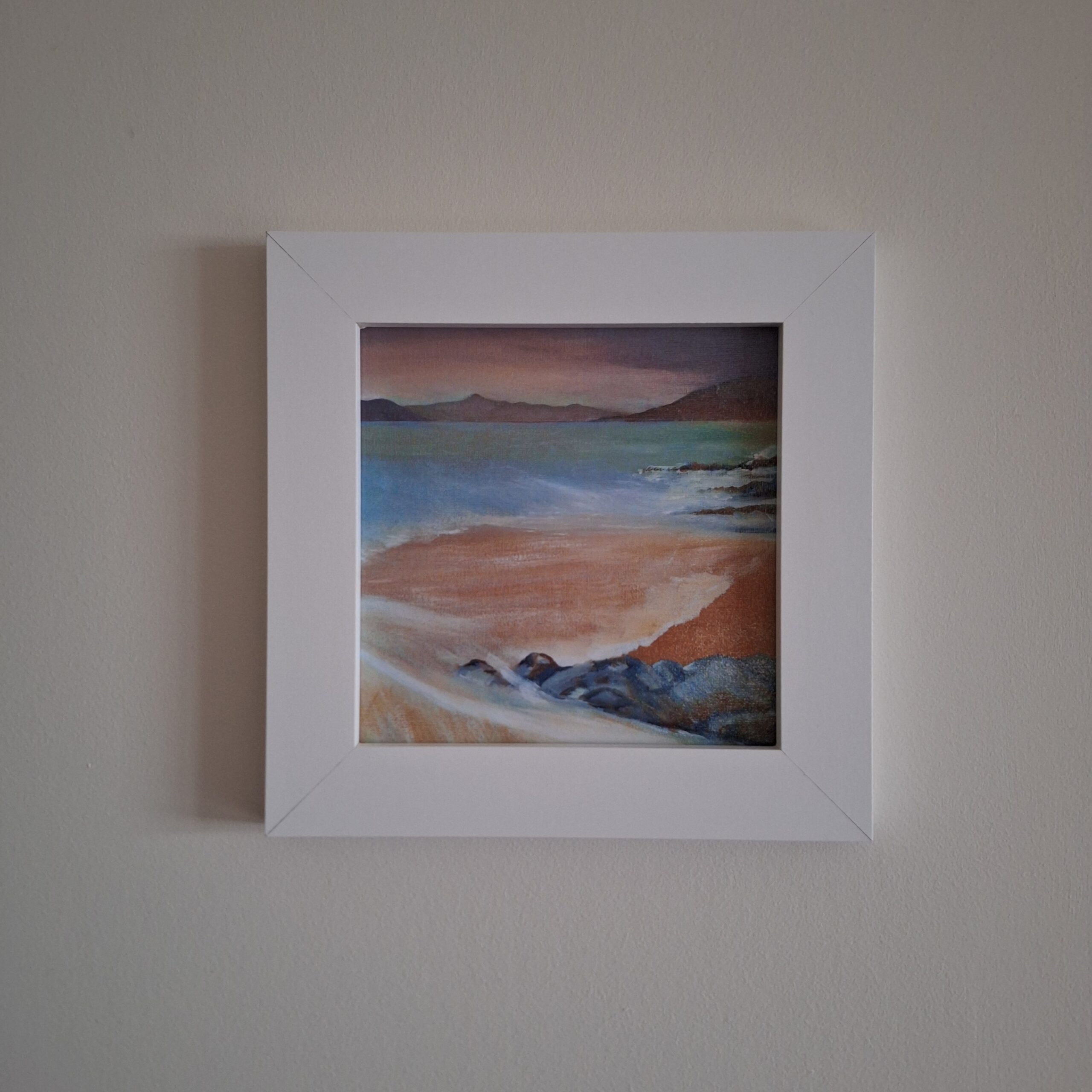 "Tide Turning" Acrylics on canvas board 30x30cm [12×12in] Original not for sale. Available as framed photo card overall size 20x20cm [8×8in].